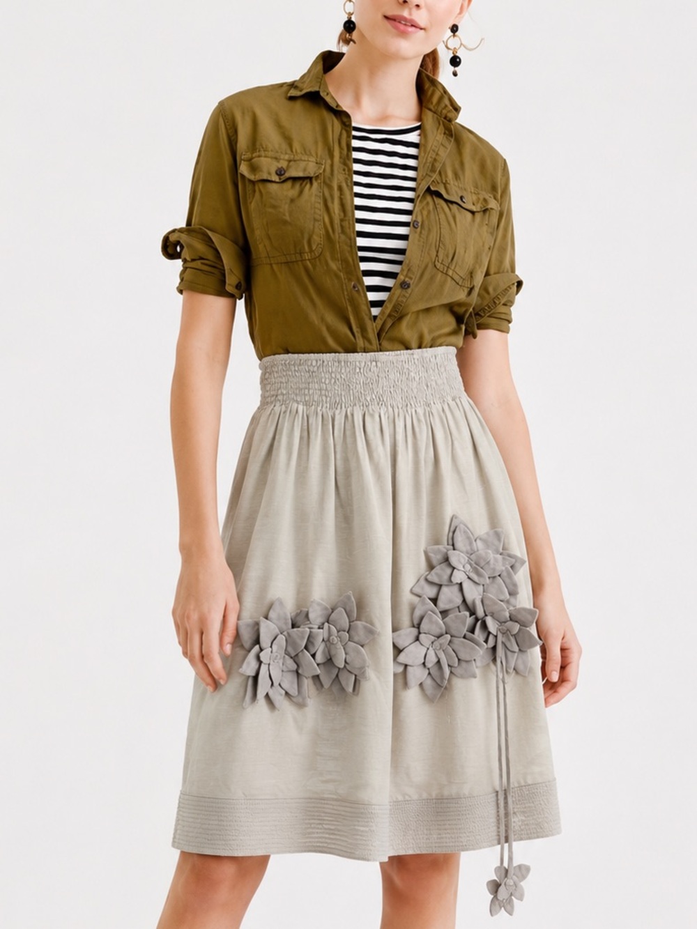 Smocked Waist Light Gray Floral Appliqué Skirt (0132)